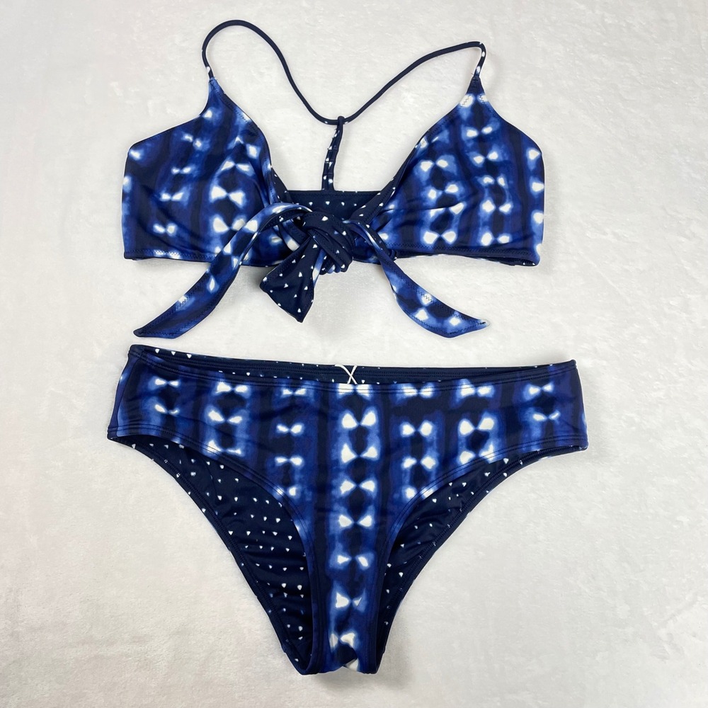 Athleta Two Piece Bikini Women Medium Blue Reversible Shibori Tie Front Suit